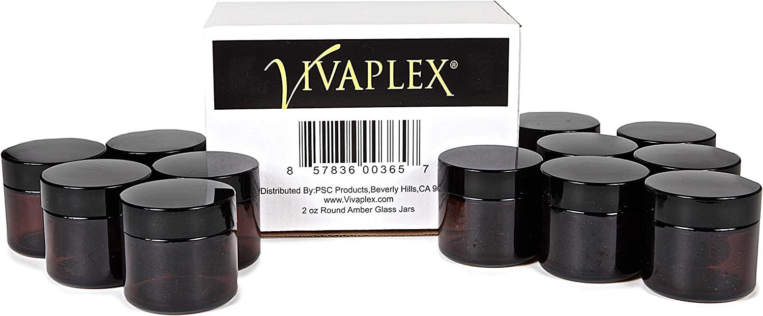 Vivaplex, Amber, 8 Ounce, Round Glass Jars, with Black Lids - 8 Pack