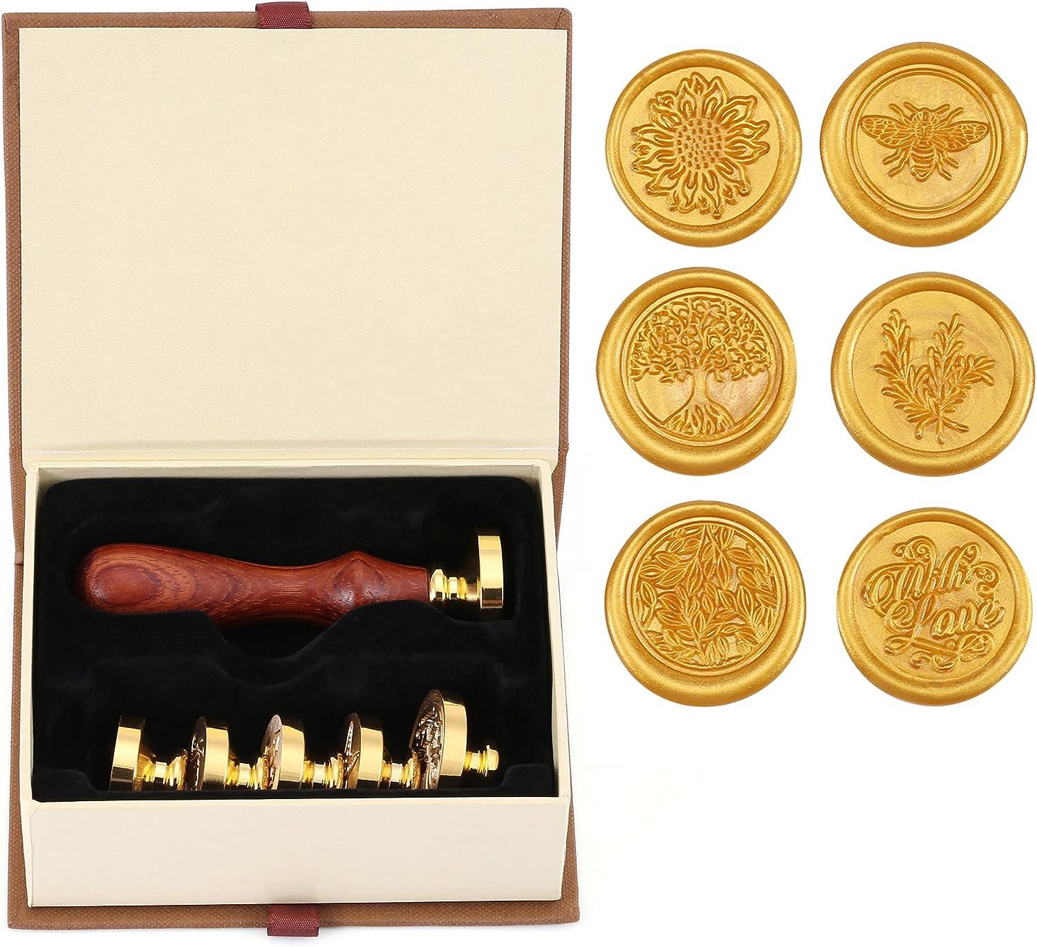 Wax Seal Stamp Set, 6 Pieces Sealing Wax Stamps Love Copper Seals 1 Wooden Handle, Wax Stamp Kit for Cards Envelopes Invitations Wine Packages