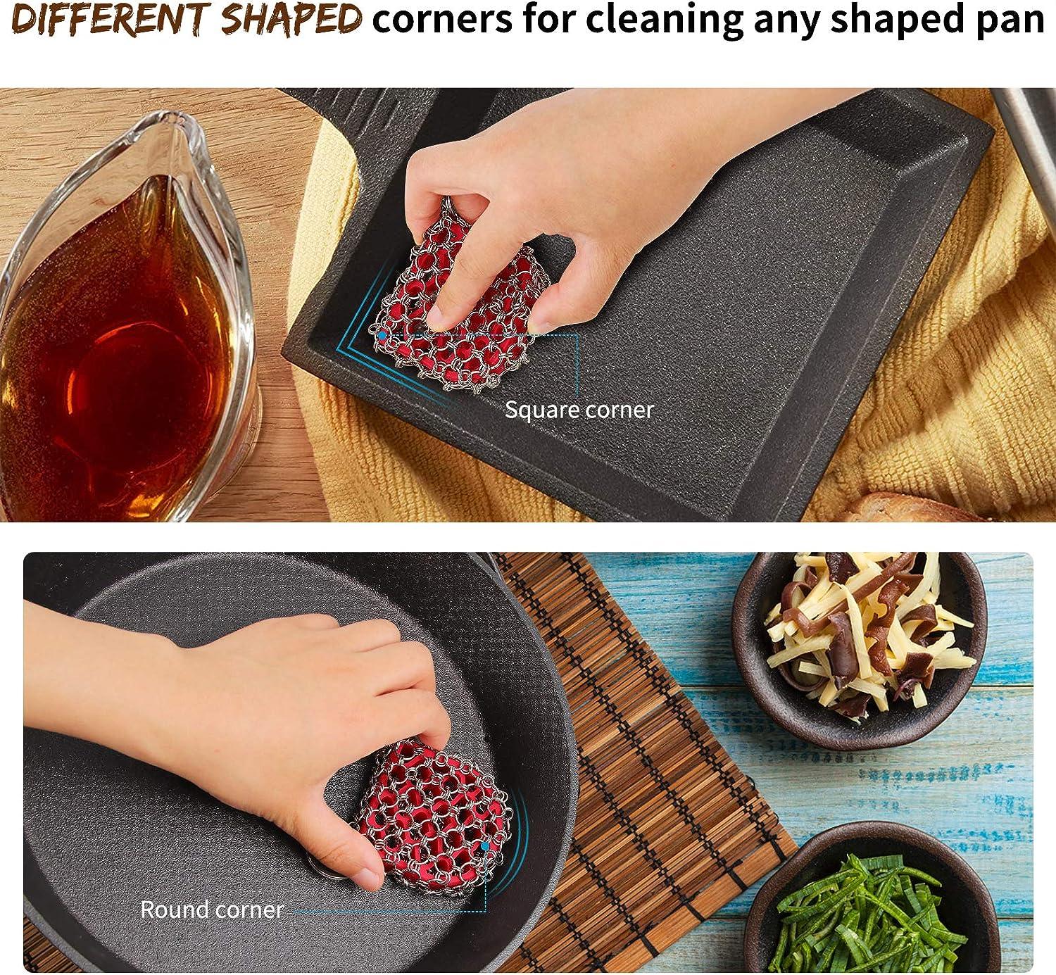  Cast Iron Scrubber with Long Handle  316 Cast Iron Cleaner  Chainmail Scrubber for Cast Iron Pan Skillet Cleaner - Dish Scouring Pad  Dishwasher Safe Cleaning Kit (Grey, 1 Scrubber +
