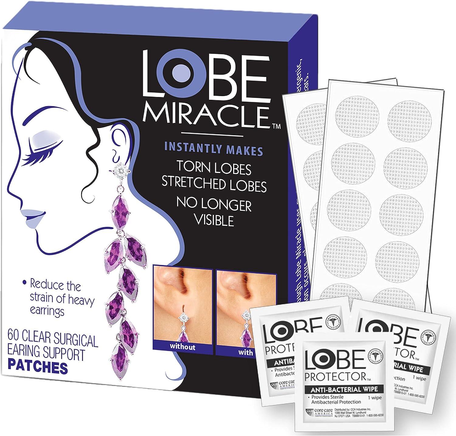 Lobe Miracle Plus - Clear Earring Support Patches & Antiseptic Wipes -  Earring Backs for Droopy Ears - Ear Care Products for Torn or Stretched Ear  Lobes (60 Patches & 30 Swabs)