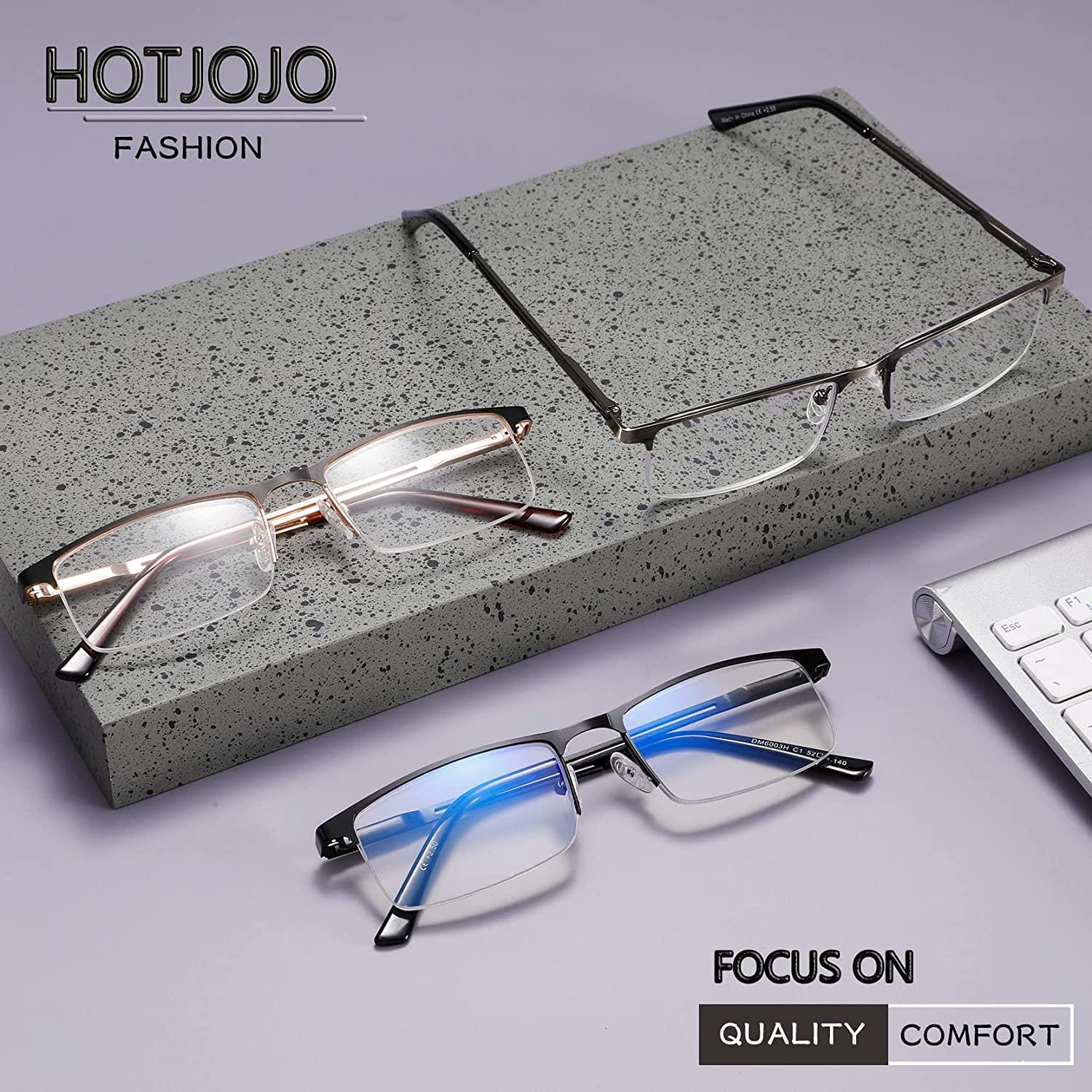 HOTJOJO 3 Pack Frame Men Computer Black Metalgun Eyeglasses Glasses +1.50 Magnifying 1.5 (3 Magnification) Blocking Rectangle x Rimless for Colors, Blue Light Reading Readers,Metal Semi Gold