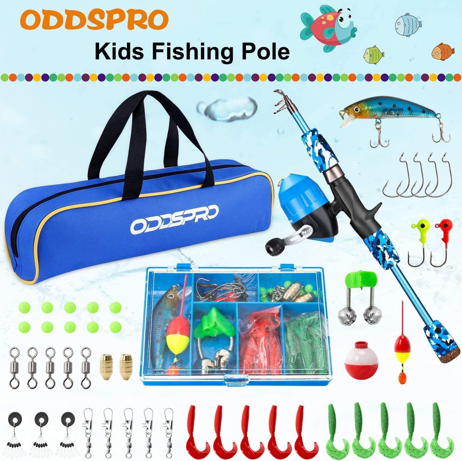 Kids Open Faced Spinning Blue Beginner Fishing Pole Starter Kit Rod and Reel