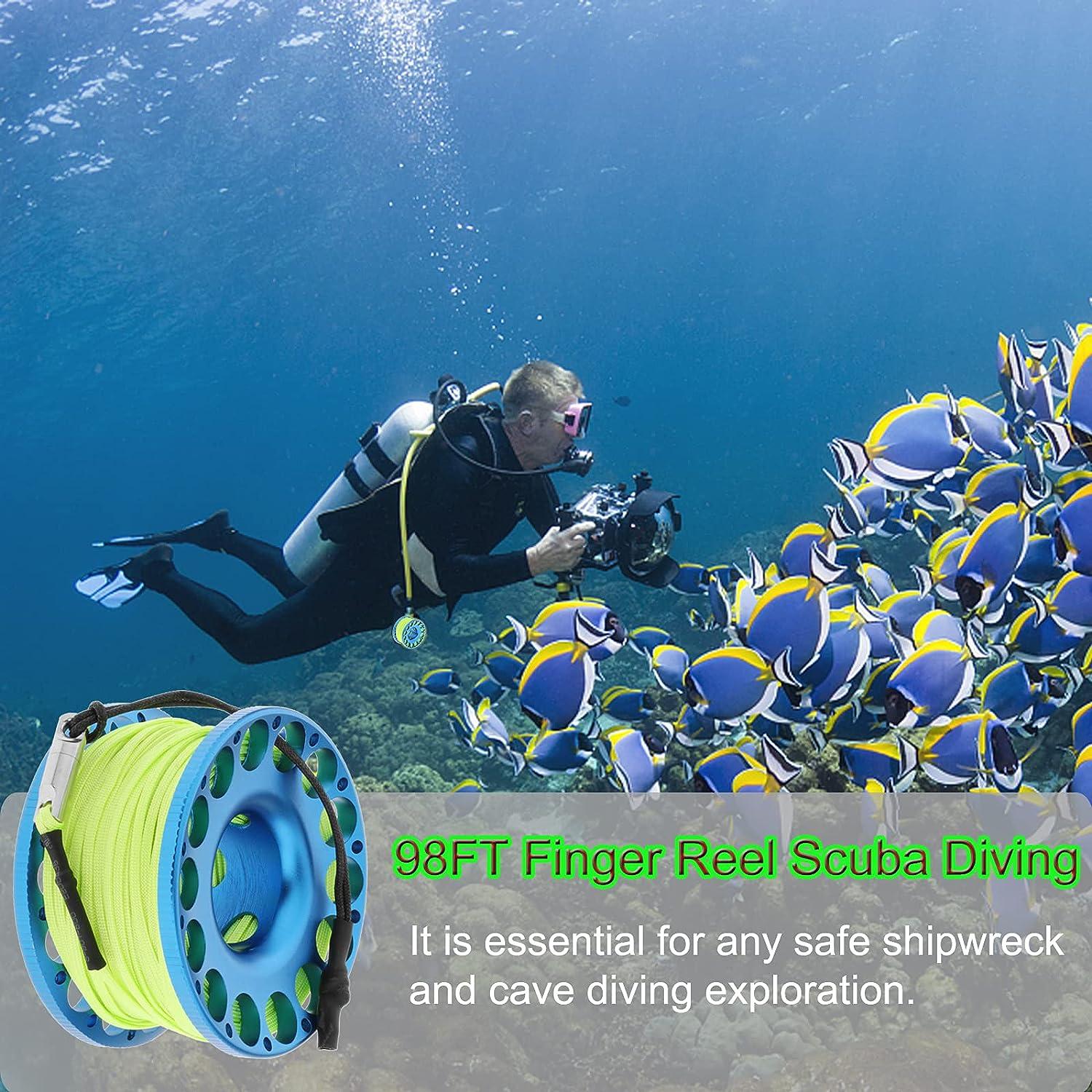 YUNNLEZT 98FT Finger Reel Scuba Diving, Aluminum Lightweight Scuba Finger Spool  Reel with Double-Ended Bolt Snap Clip for Snorkeling Scuba Diving Blue