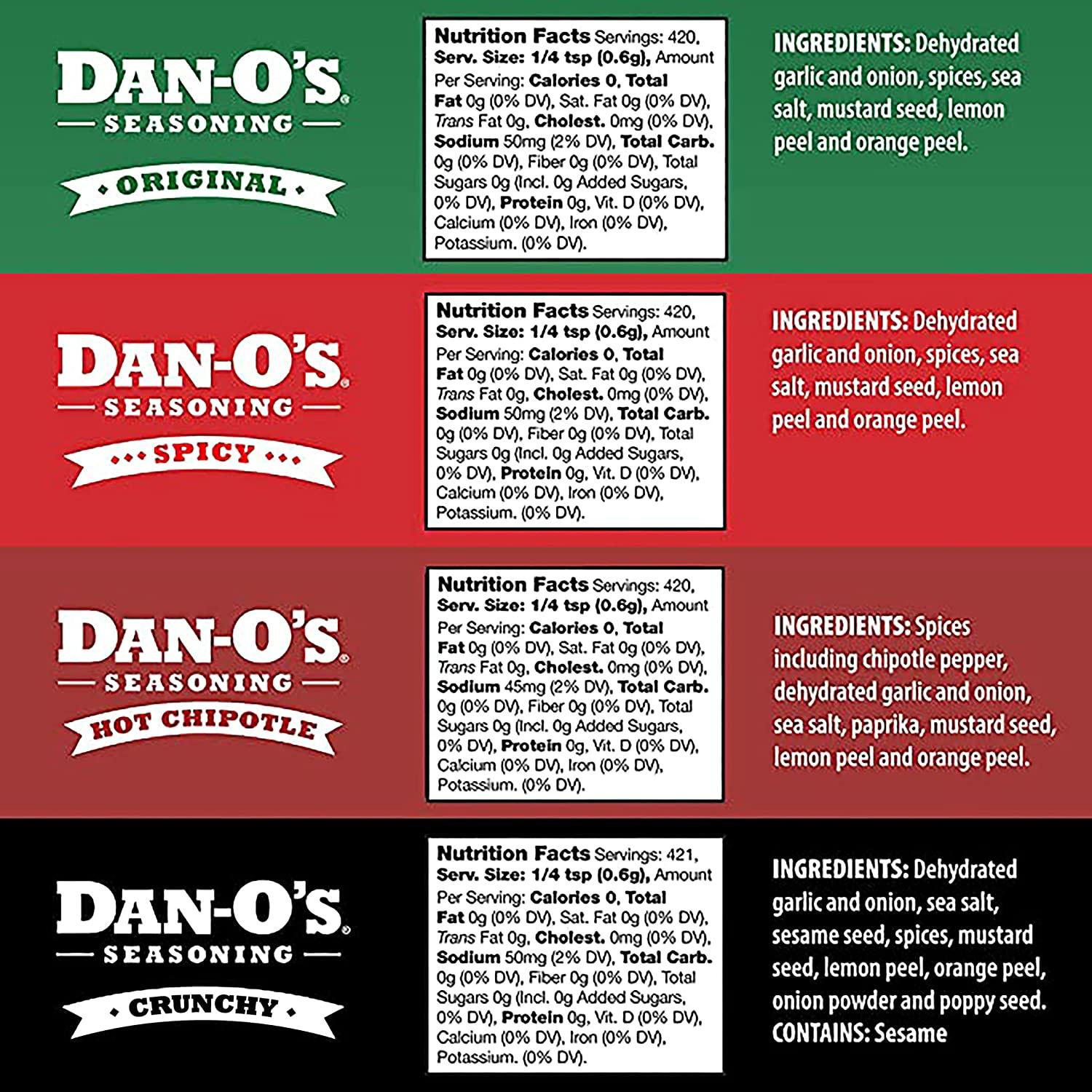 Dan-O's Seasoning Medium 4 Bottle Combo | Original, Chipotle, Spicy, & Crunchy | 4 Pack (8.9 oz)