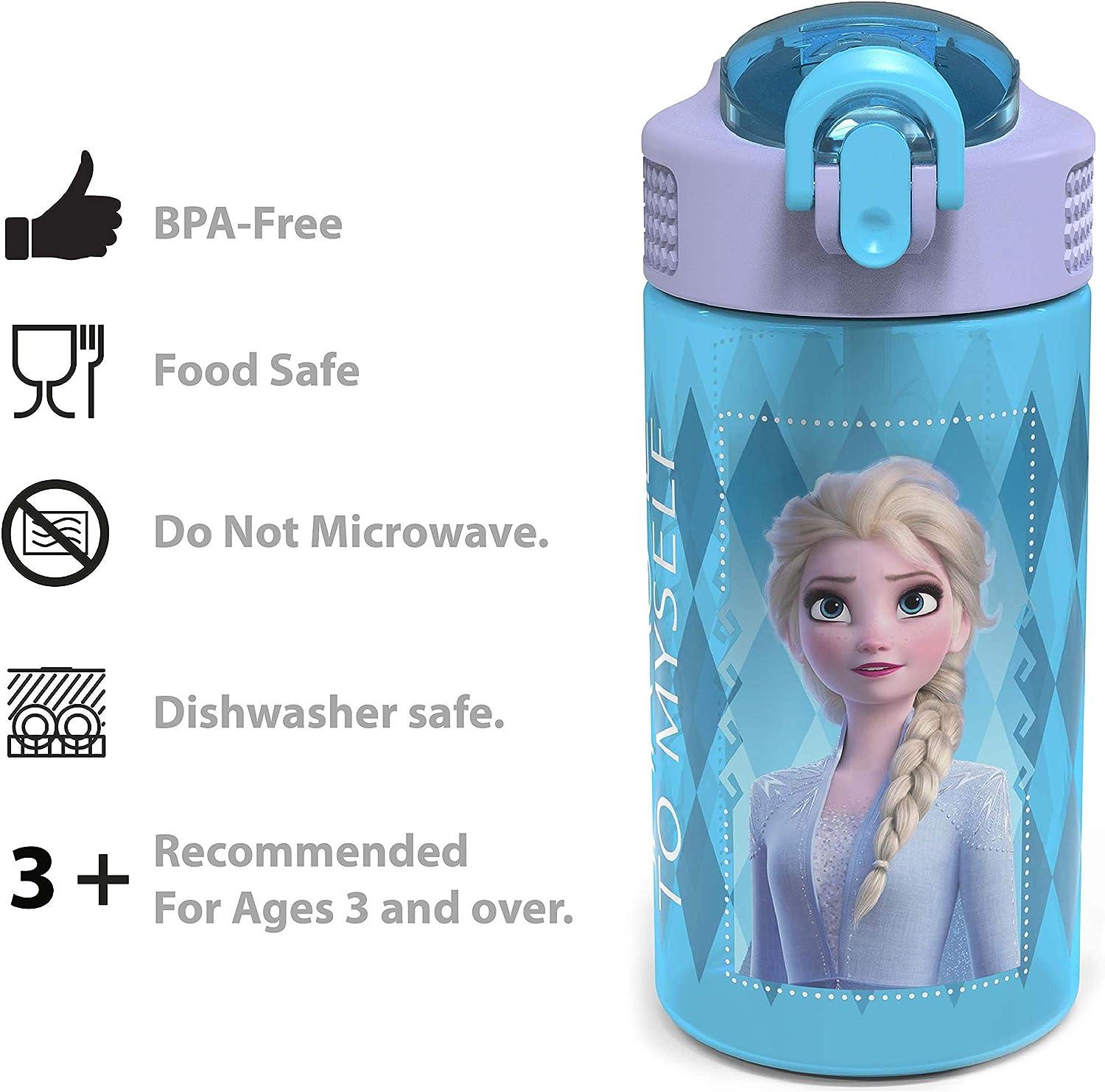 Zak Designs 16 oz Blue and Purple Anna and Elsa Plastic Water Bottles with Flip-Top Lid (2 Pack)