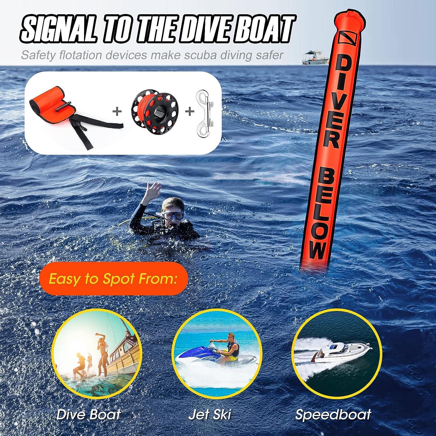 Owekfifv Safety Inflatable Scuba Diving Float Marker Buoy with Diver Down  Flag and 75ft Line for Scuba Diving, Spearfishing, Free Diving, Snorkeling  Orange