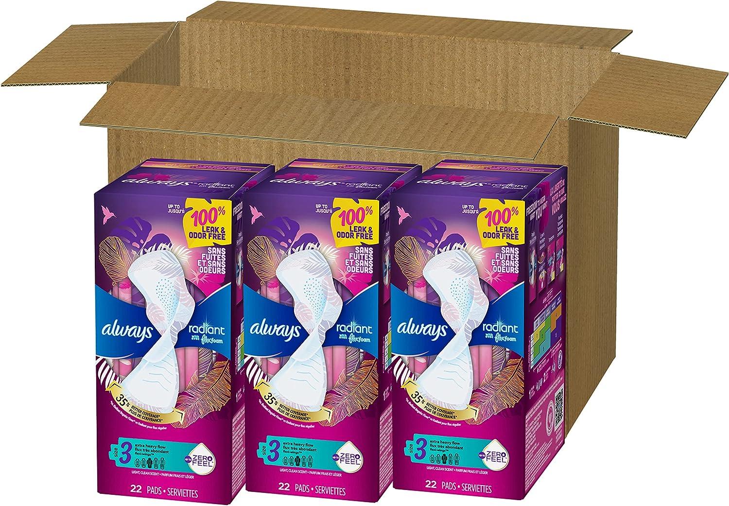 Always Radiant FlexFoam Pads for Women Size 1, Regular Absorbency, 100%  Leak & Odor Free Protection is possible, with Wings, Scented, 30 count