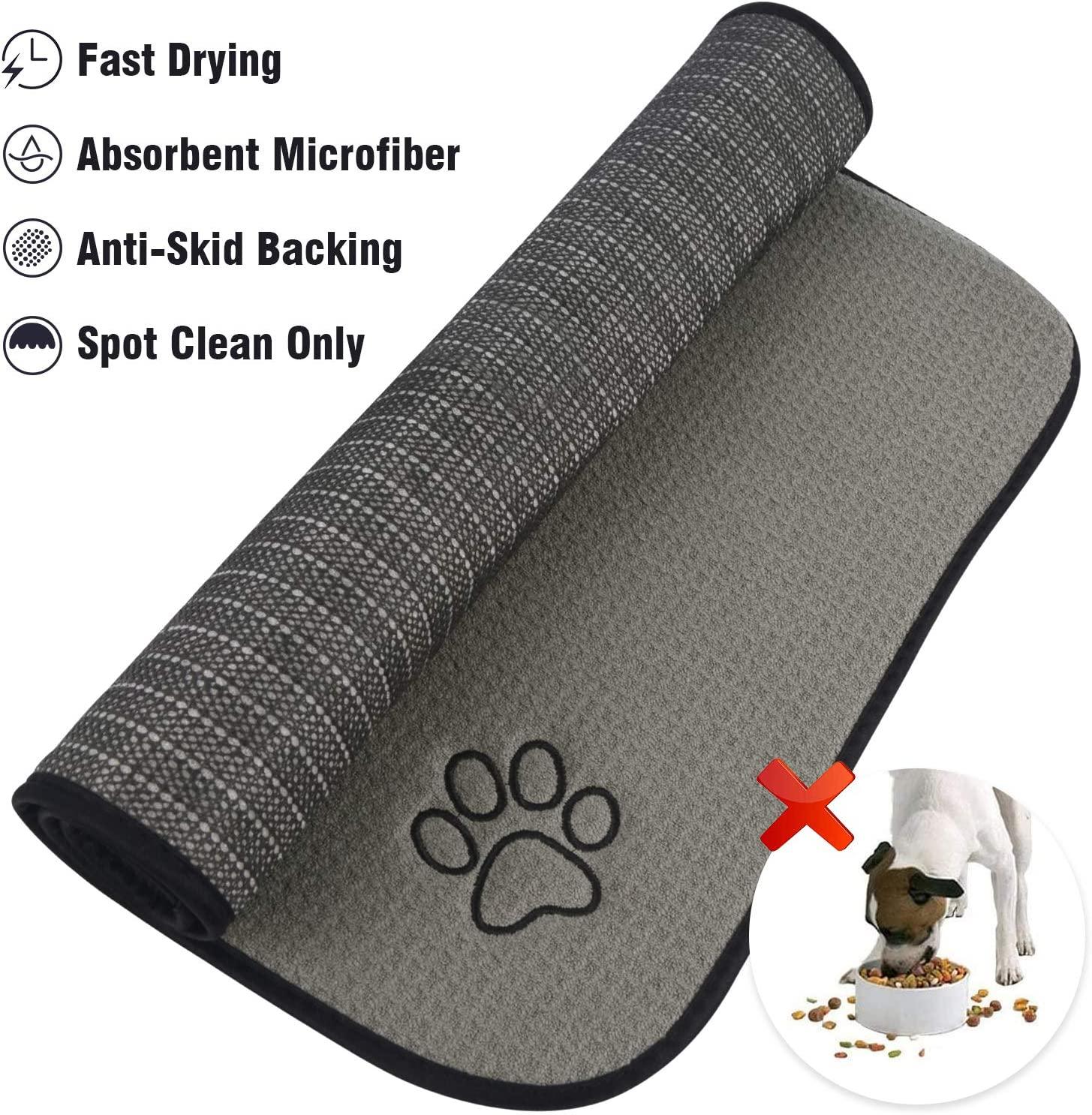 SINLAND Microfiber Pet Food Mat Super Water Absorbent Dog Feeding Mat  Anti-Slip Pet Bowl Mat with Anti-Skid Backing 21 Inch x 32 Inch Grey  Rectangle