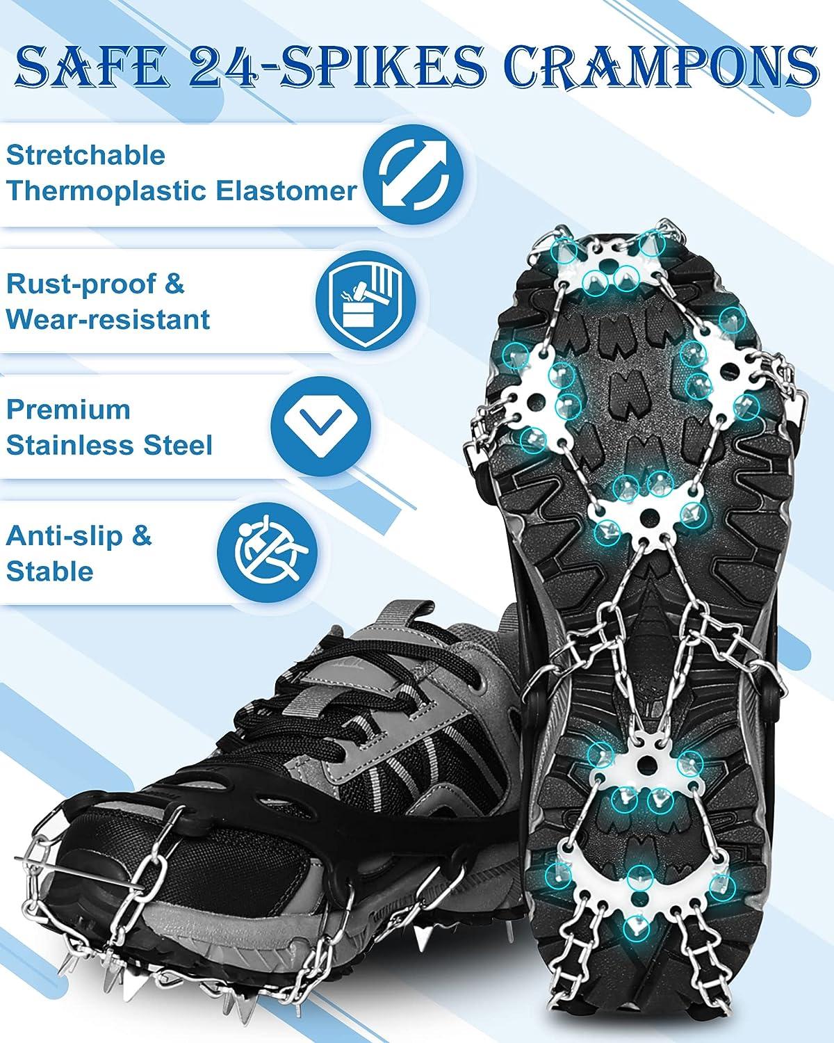 Roohiseng Crampons Ice Cleats Traction Snow Grips for Boots Shoes, 24  Stainless Steel Spikes Anti Slip Safe Protect for Men Women Hiking Fishing  Walking Climbing Mountaineering Large