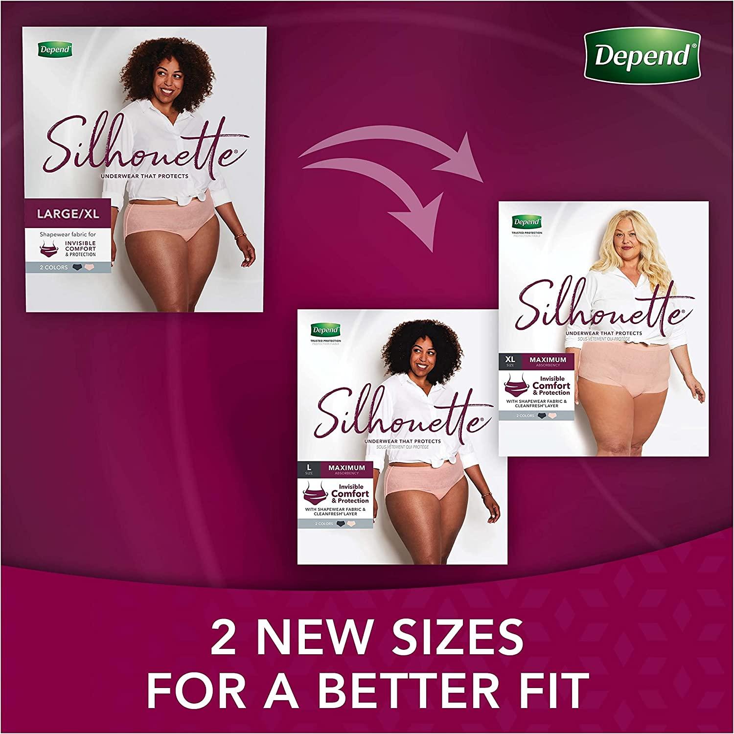 Depend Silhouette Adult Incontinence Underwear for Women, Maximum  Absorbency, Large, Pink/Black/Berry, 12 Count : : Health &  Personal Care