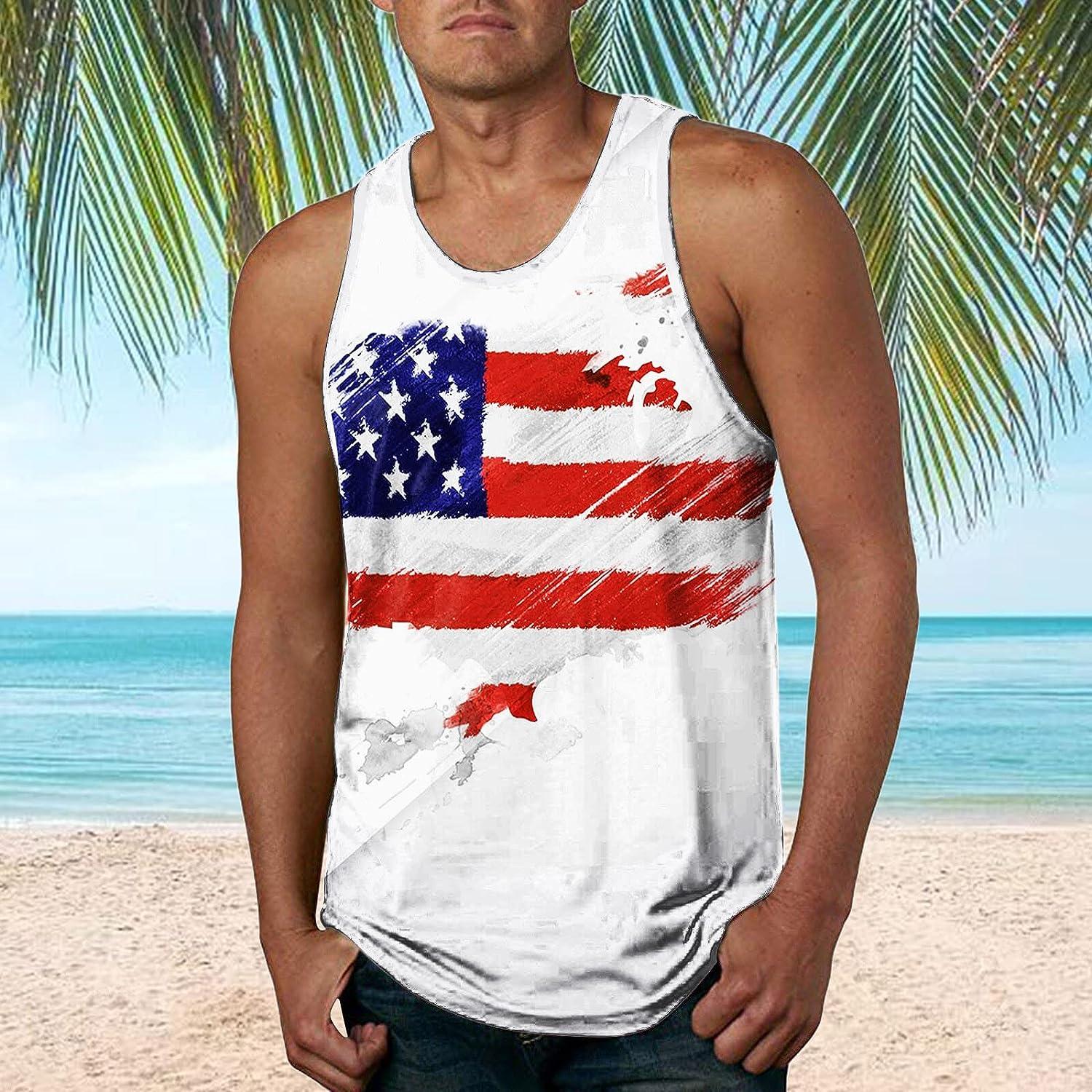 BEUU Independence Day Tank Tops for Mens American Flag T-Shirt Retro  Patriotic Summer Beach Soldier Sleeveless Gym Tank 139- White X-Large