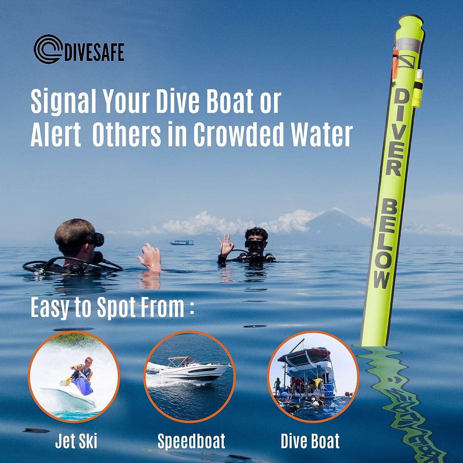 DiveSafe Delayed Surface Marker Buoy 7ft Closed Bottom with High Visibility  Reflective Band, Strobe Light and Flashlight Holder, 100ft ABS Finger Reel  and Whistle Yellow