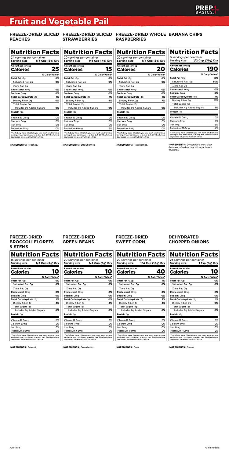  Prep Basics Fruits & Vegetables Variety, Emergency Food Supply, Freeze-Dried and Dehydrated, 4,210 Total Calories, 63 Total Grams  Protein, Up to 30 Year Shelf Life