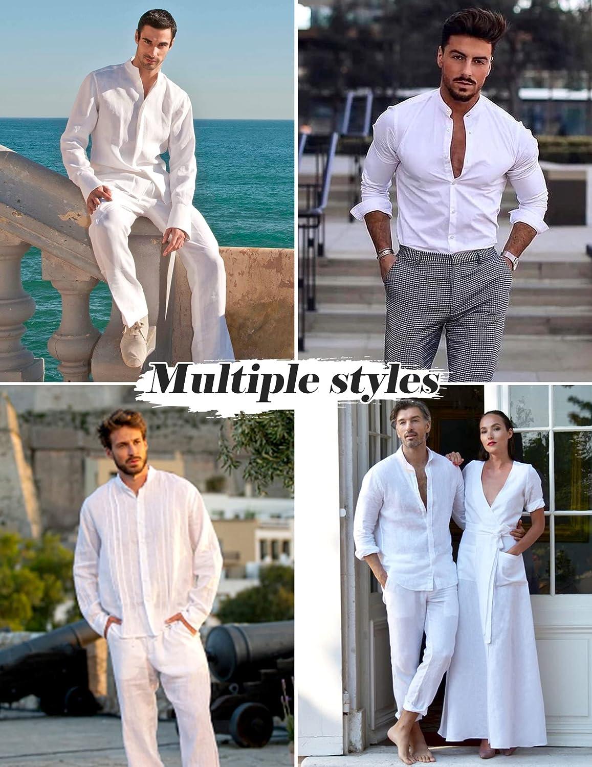COOFANDY Linen Sets For Men 2 Piece Button Down Shirt Long Sleeve And Casual  Beach Drawstring Waist Pants Summer Outfits A-white XX-Large