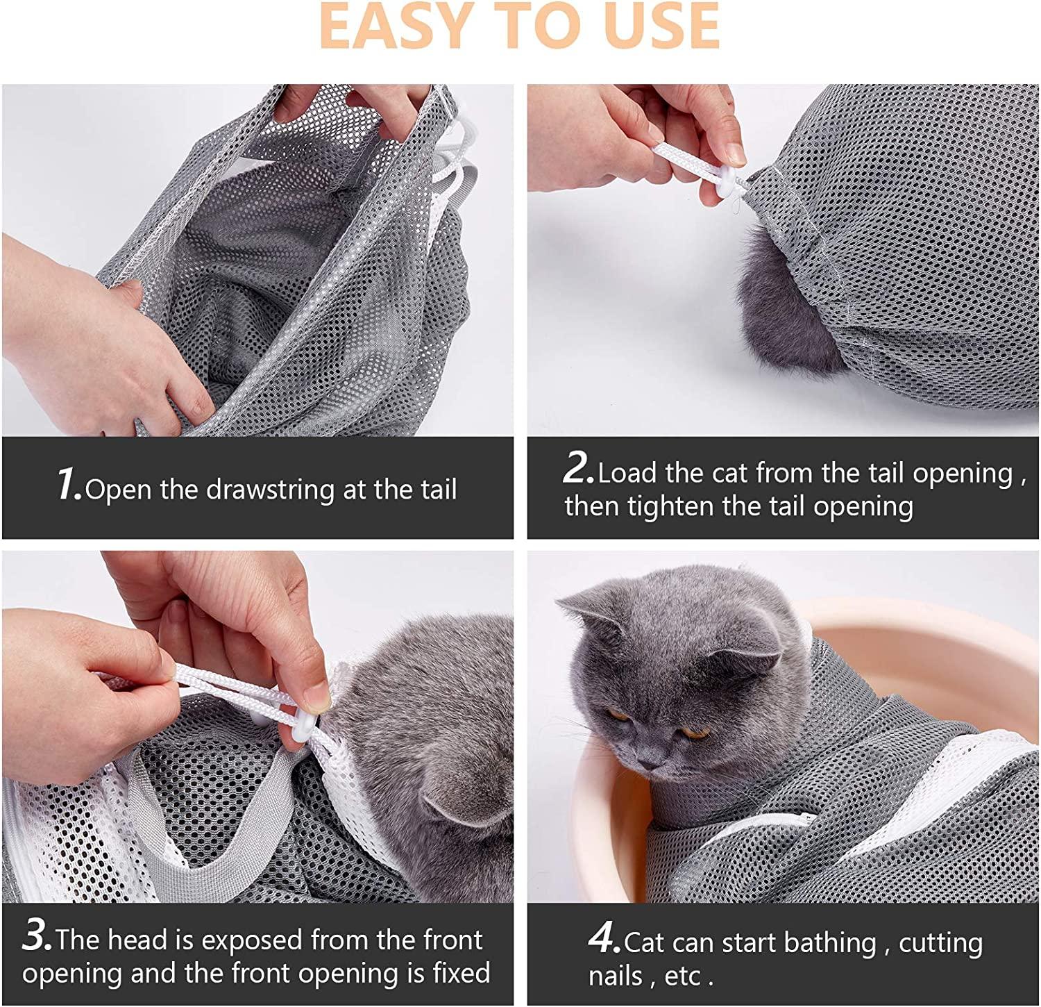  Cat Bag for Bathing Set with Cat Grooming Washing Bag  Adjustable Pet Shower Brush - Cat Bathing Mesh Bag Anti Scratch Anti Bite  Soft Durable for Cats & Dogs Restraint