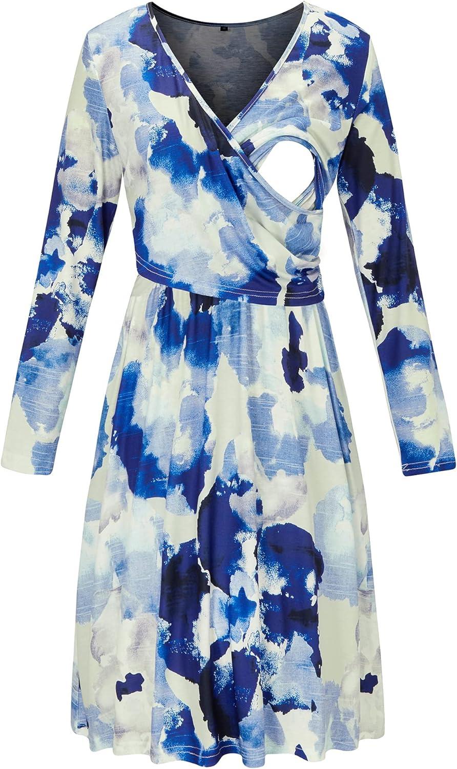 Nursing Dark Blue Floral Print V Neck Long-sleeve Dress