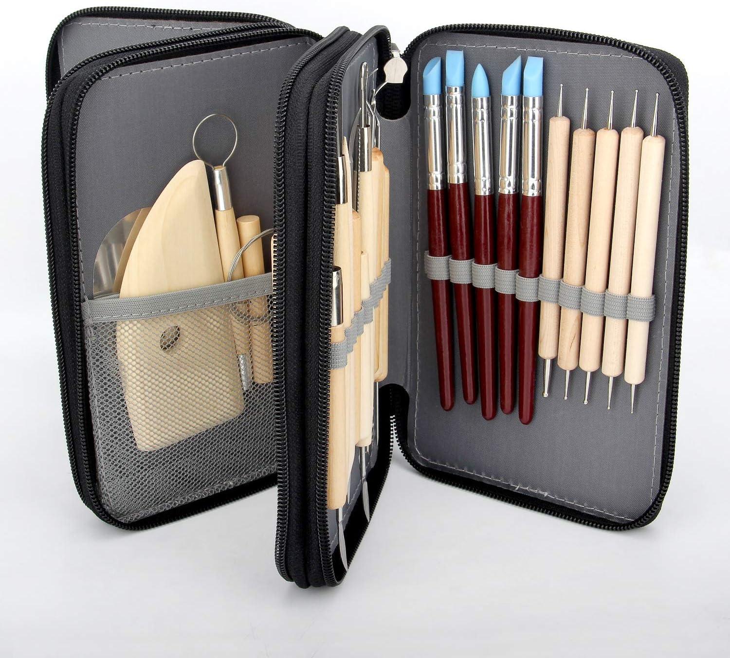 Set of 30 Clay Sculpting Tool Wooden Handle Pottery Carving Tool Kit  Carrying Case Apron 