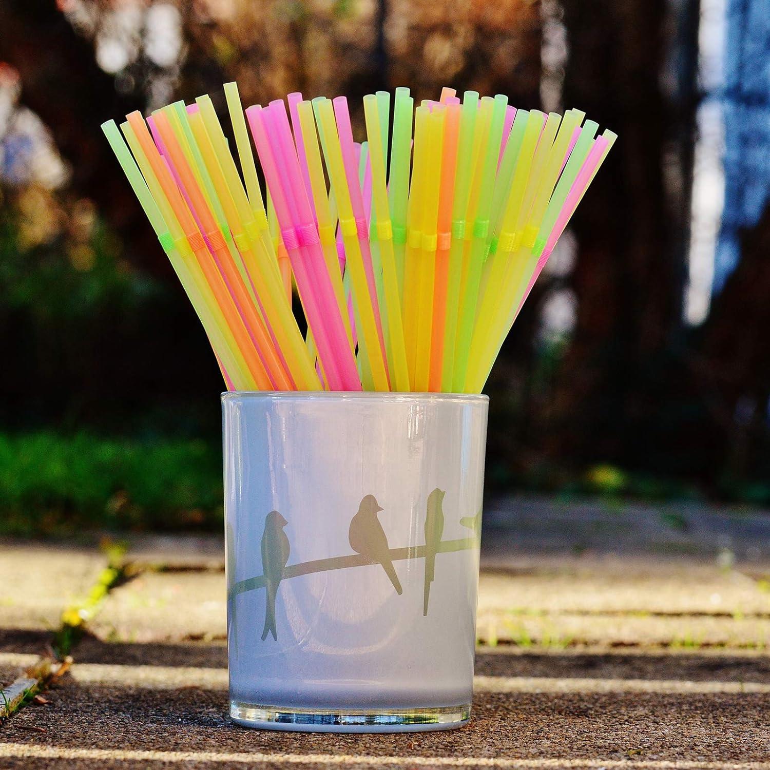 17 Long Flexible Neon Straws - Assorted Colors - Pack of 200