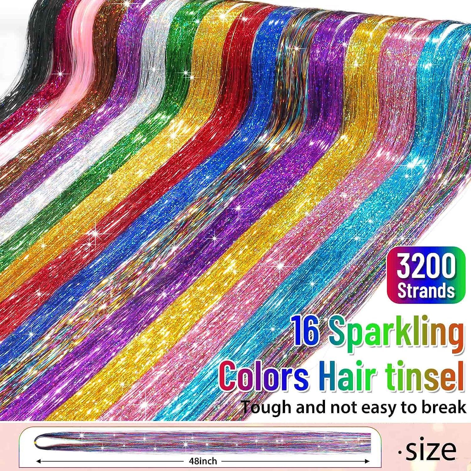 Hair Tinsel Kit (48 Inch, 16 Colors, 3200 Strands), Glitter Tinsel Hair  Extensions with Tools, Heat Resistant Fairy Hair Tinsel Kit with Hair  Tinsel