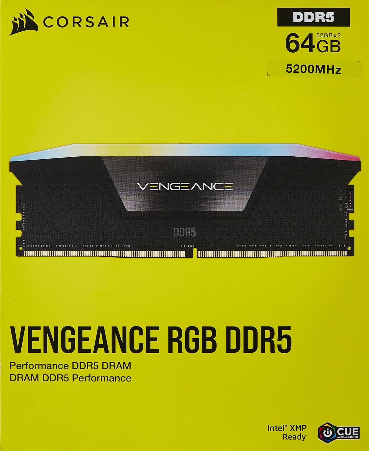 CORSAIR VENGEANCE RGB DDR5 RAM 64GB (2x32GB) 5200MHz CL40 Intel