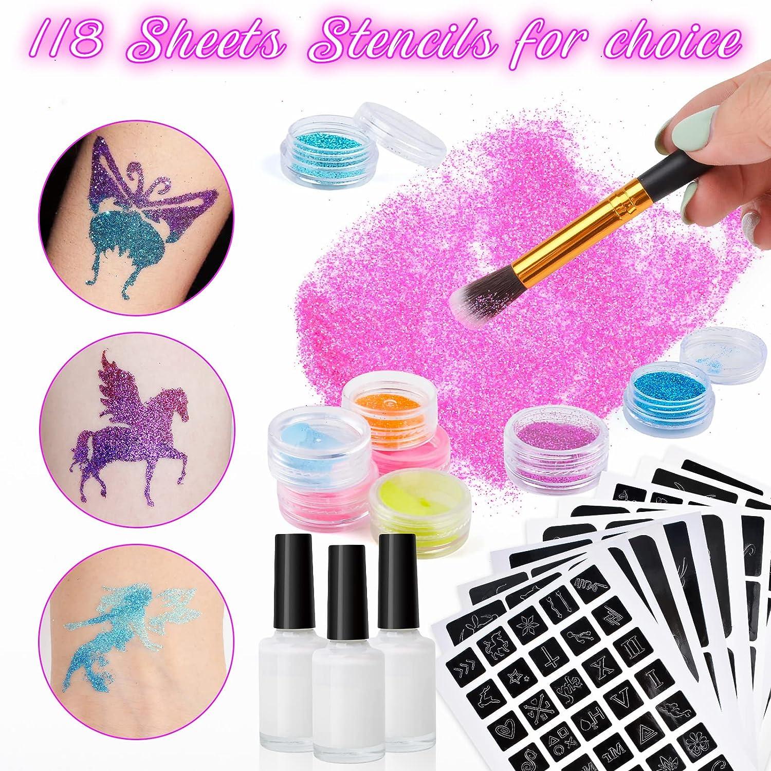 ROUQIUYA Temporary Glitter Tattoo Kids 48 Colors, 209 Unique Stencils, 4  Glue, 5 Brushes, Body Nail Arts Glitter Makeup Kit, Gifts for Girls Boys