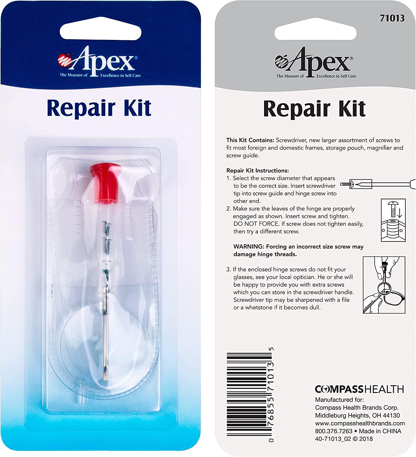 Apex Glasses Repair Kit - Eyeglass Repair Kit with Small Screwdriver , Eyeglass Screws, Magnifying Glass, Screw Guide, & Storage Pouch - Universal Eyeglass  Repair Kit for Reading Glasses, & Sunglasses