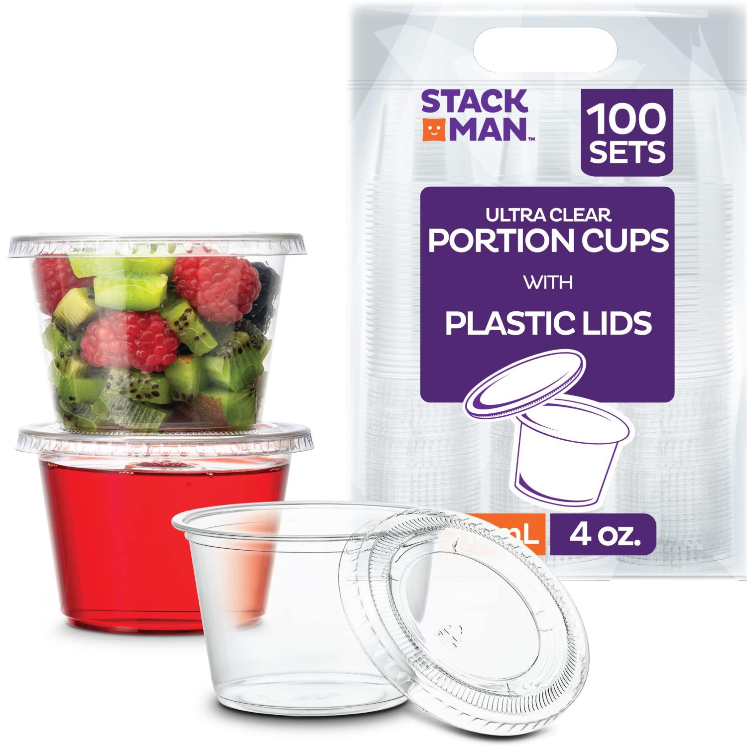 100 Sets - 2 oz. Plastic Portion Cups with Lids Souffle Cups Jello