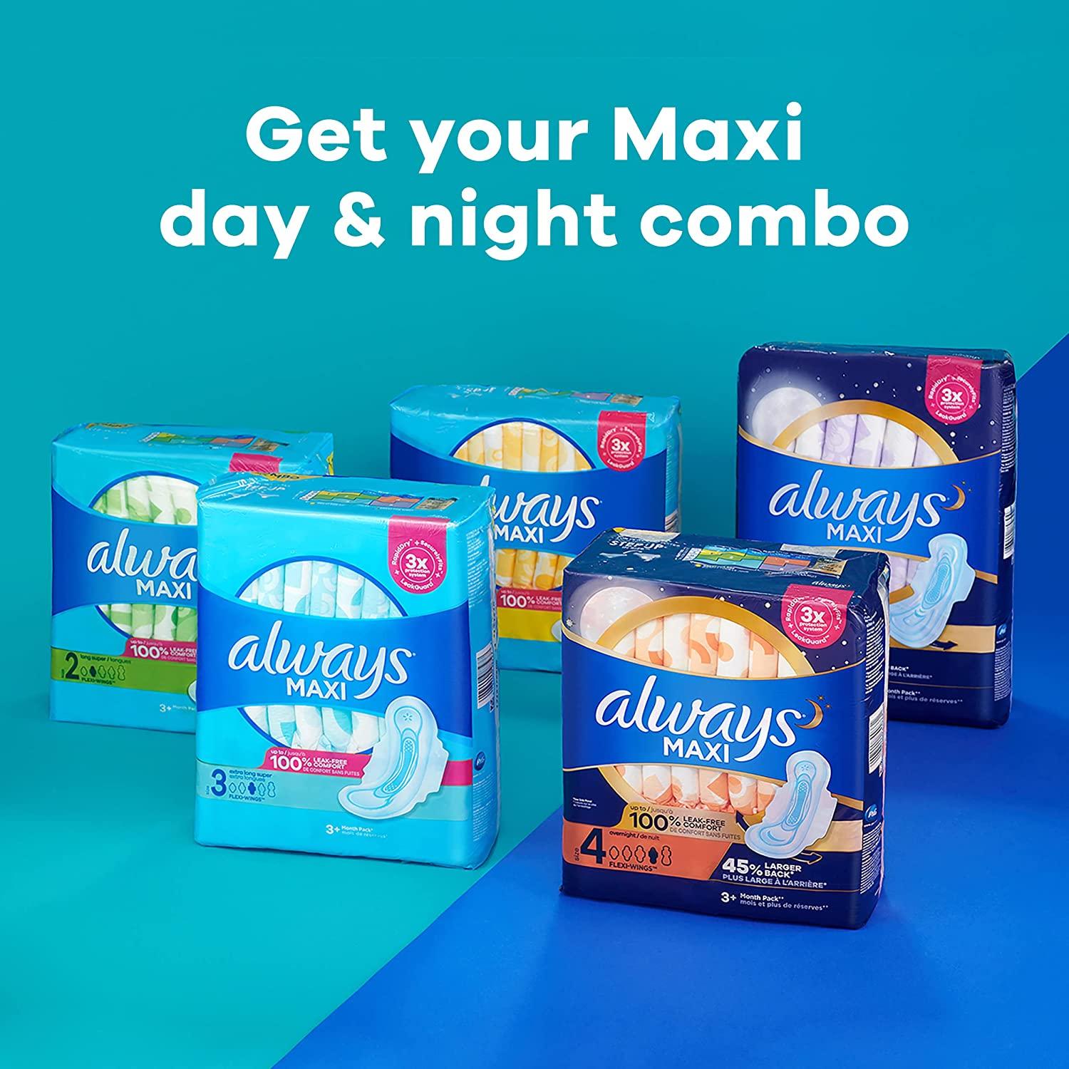 Always Maxi Feminine Pads For Women, Size 5 Extra Heavy Overnight Absorbency,  Multipack, With Wings, Unscented, 36 Count X 3 Packs (108 Count Total) Extra  Heavy Overnight (Unscented) 36 Count (Pack of 3)