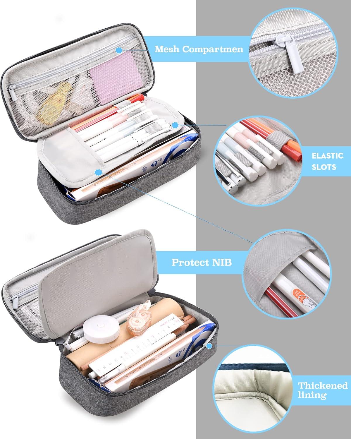 Pencil Case, Large Capacity Pencil Case for Kids Adults Teen, Handheld 3  Compartments Pencil Box Pouch Stationery Bag, Gray 