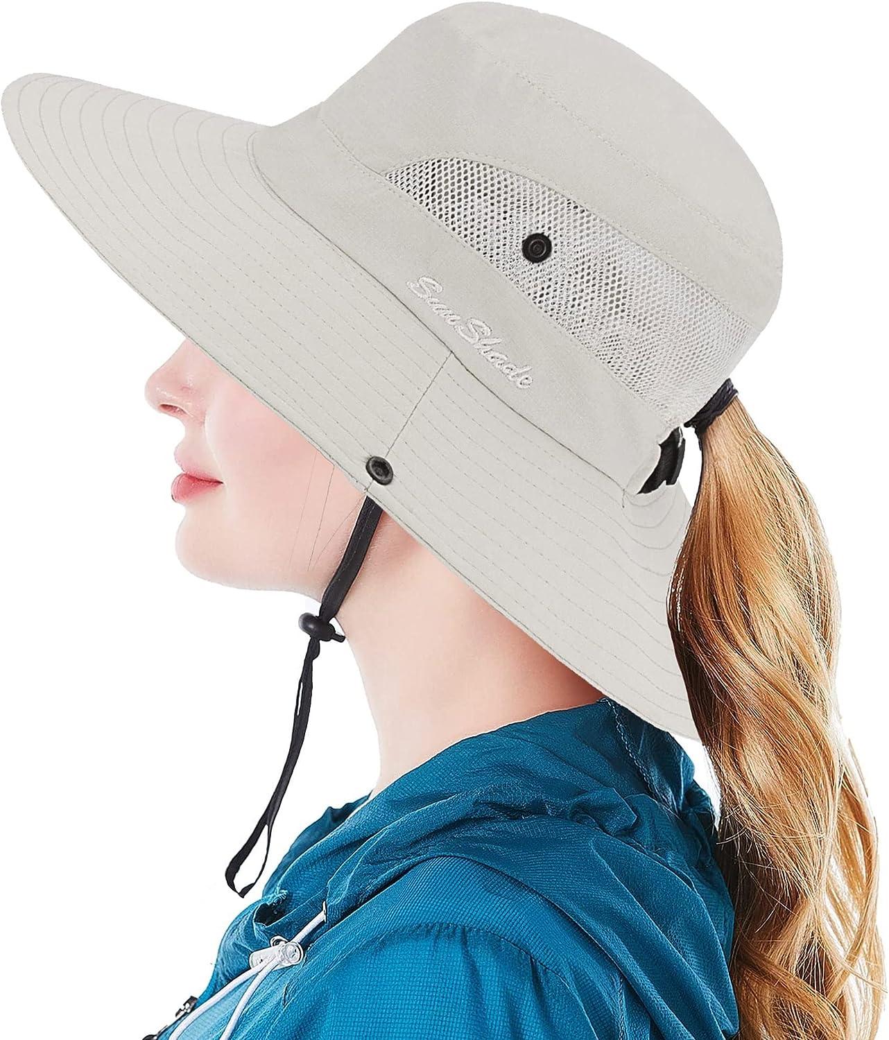 Sun Hat For Women Uv Protection Bucket Fishing Hat With Ponytail-hole,  Foldable Outdoor Sun Hats Mesh Wide Brim Beach Hat