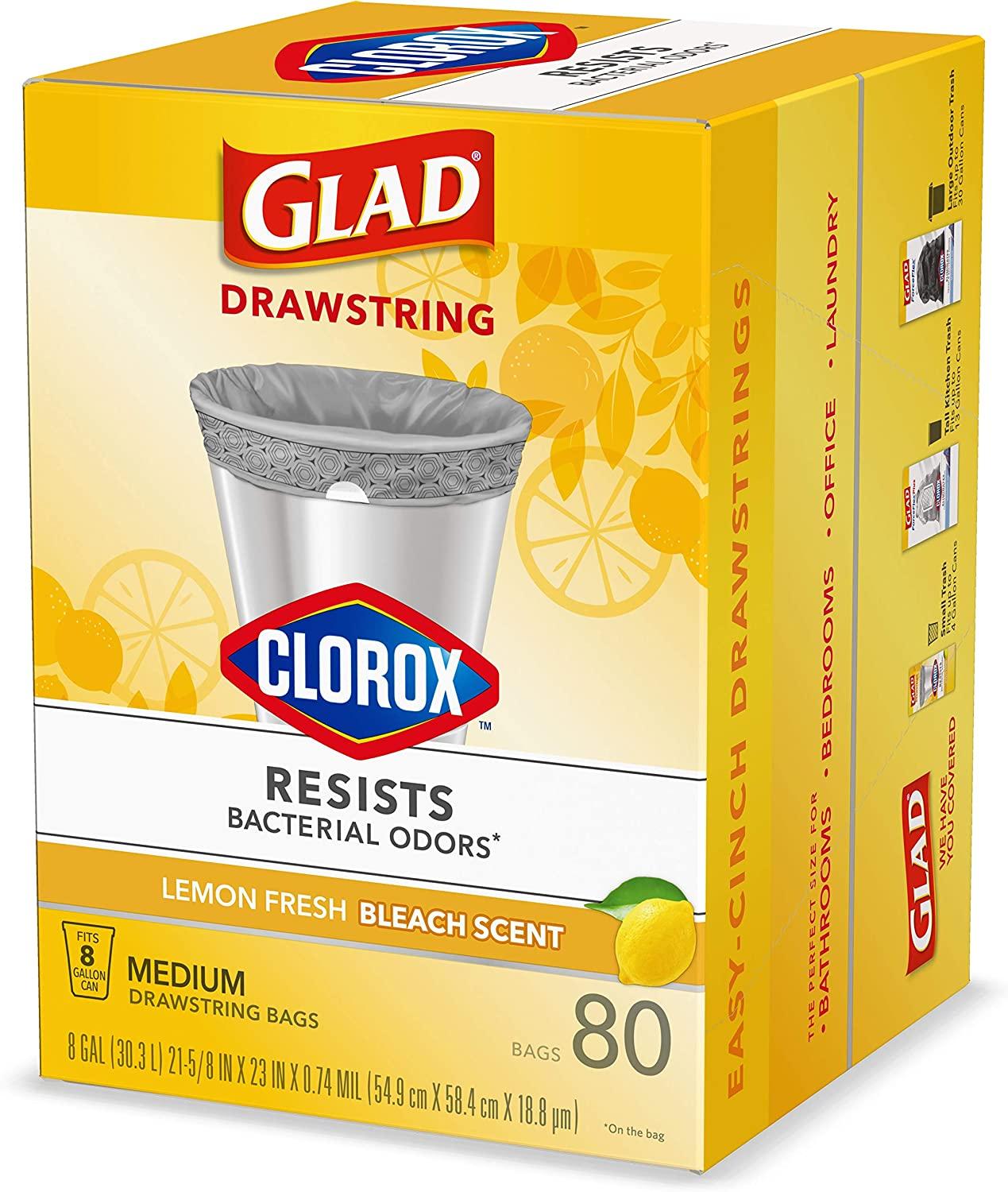 Glad Medium Drawstring Trash Bags with Clorox, 8 Gallon Grey Trash Bags,  Lemon Fresh Bleach Scent, (