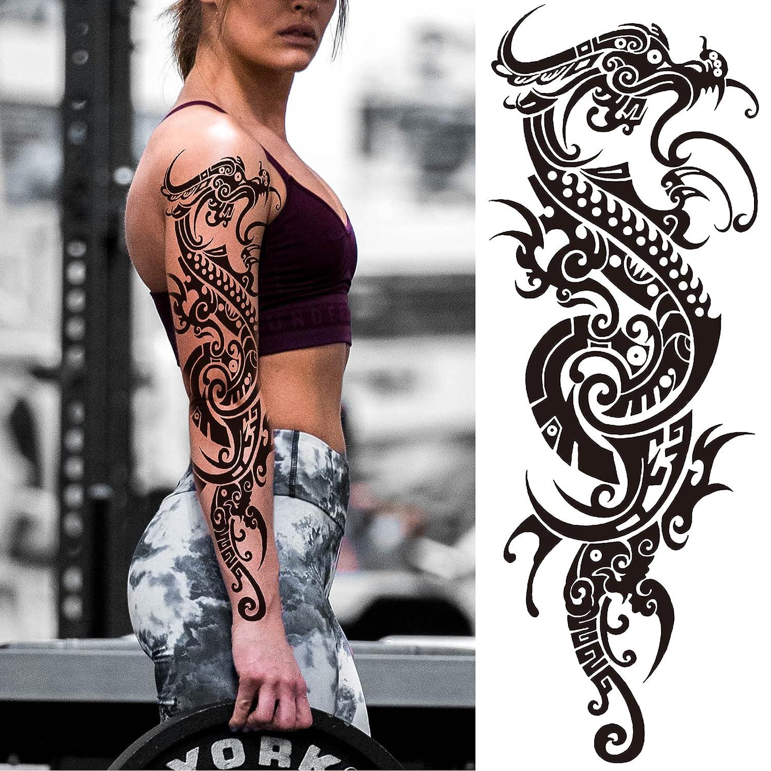 Realistic Dragon Tattoo Temporary For Men Adults, Large Black Color Dragon  Tribal Fake Tattoo Women Half Sleeve, 3D Big Temp Tatoo Sticker Arm Chest