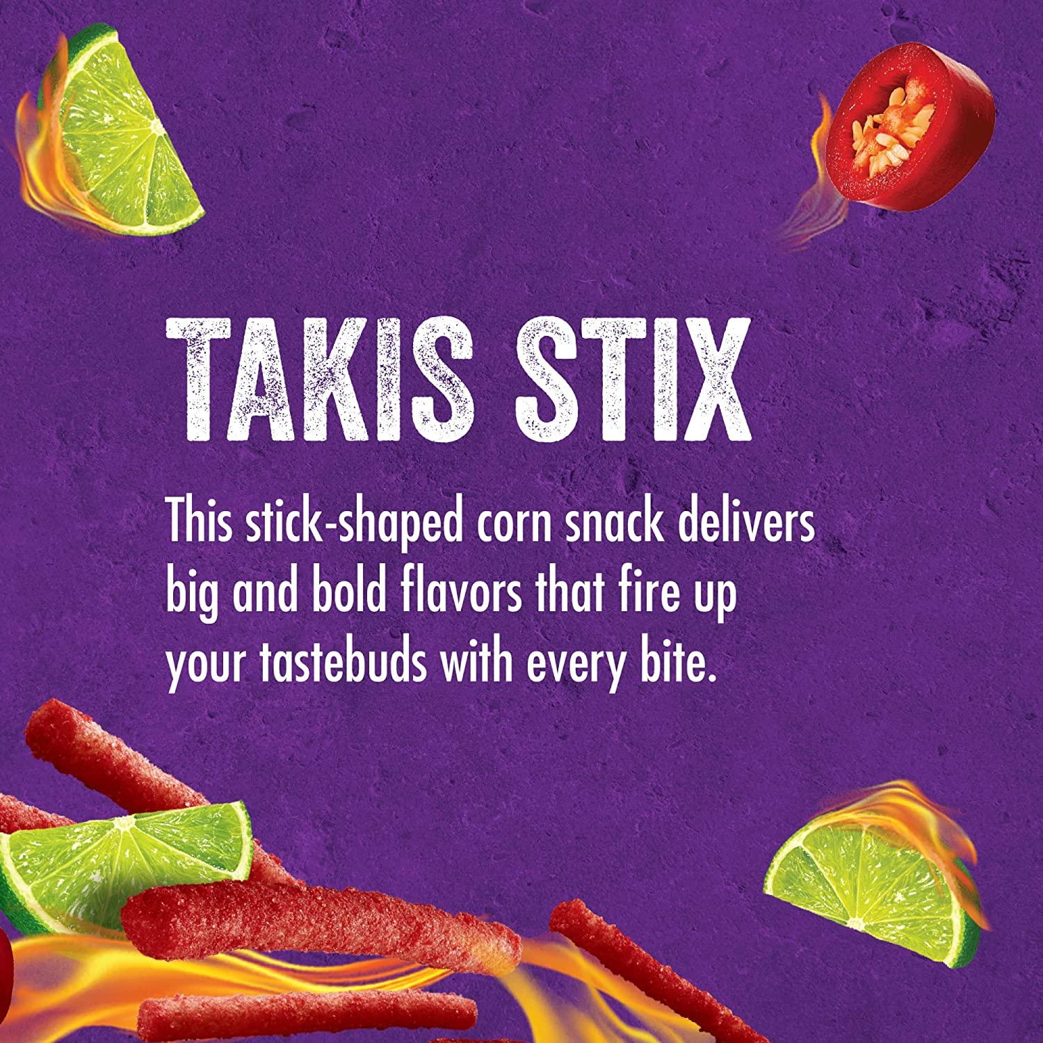 Takis Stix Fuego Corn Sticks, Hot Chili Pepper and Lime Artificially  Flavored, 6 Individual Bags, 4 Ounces Each, Net Weight of 24 Ounces Fuego 6  Count (Pack of 1)