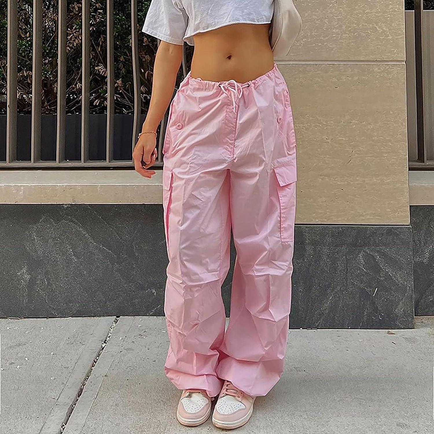 Gufesf Womens Parachute Pants Drawstring Elastic Low Waist Sweatpants Loose  Baggy Y2K Cargo Pants Trousers with Pockets Ak-c-pink X-Large