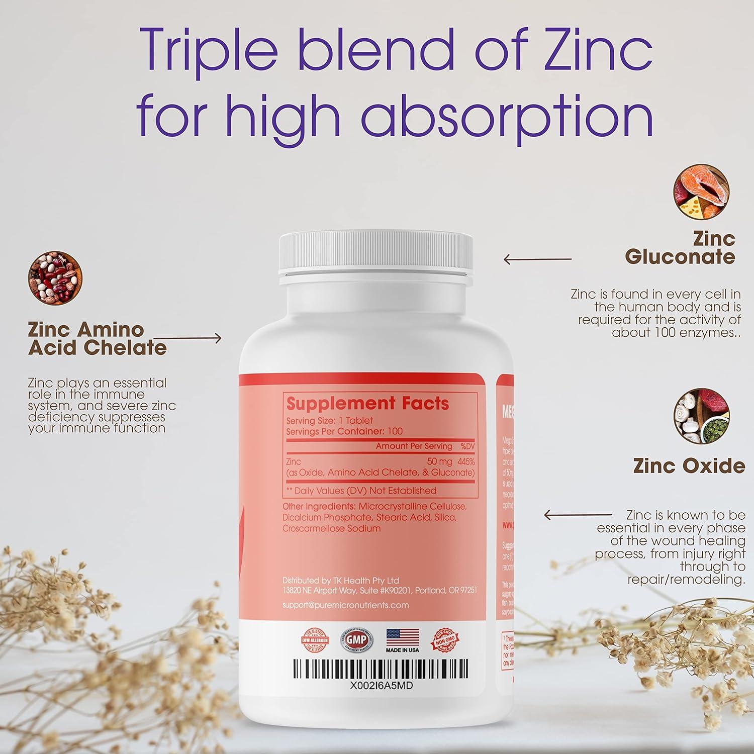 Mega Zinc Supplement 50mg 3 In 1 Zinc Complex 100 Tablets Pure Micronutrients Unflavored 5402
