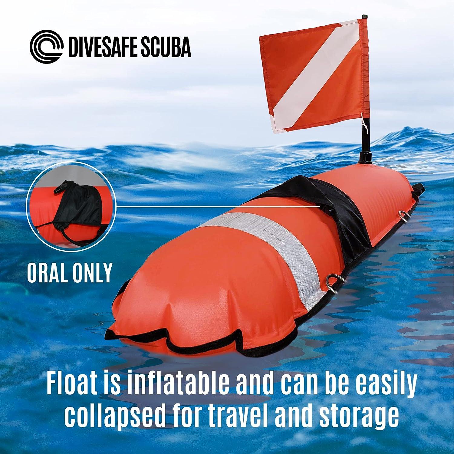DiveSafe Torpedo Buoy Float for Scuba Diving, Spearfishing, Free Diving,  Snorkeling and Swimming - Includes 11 Clips/Bands for Accessories, Dive Flag,  High Visibility Reflective Band, and 100ft Line