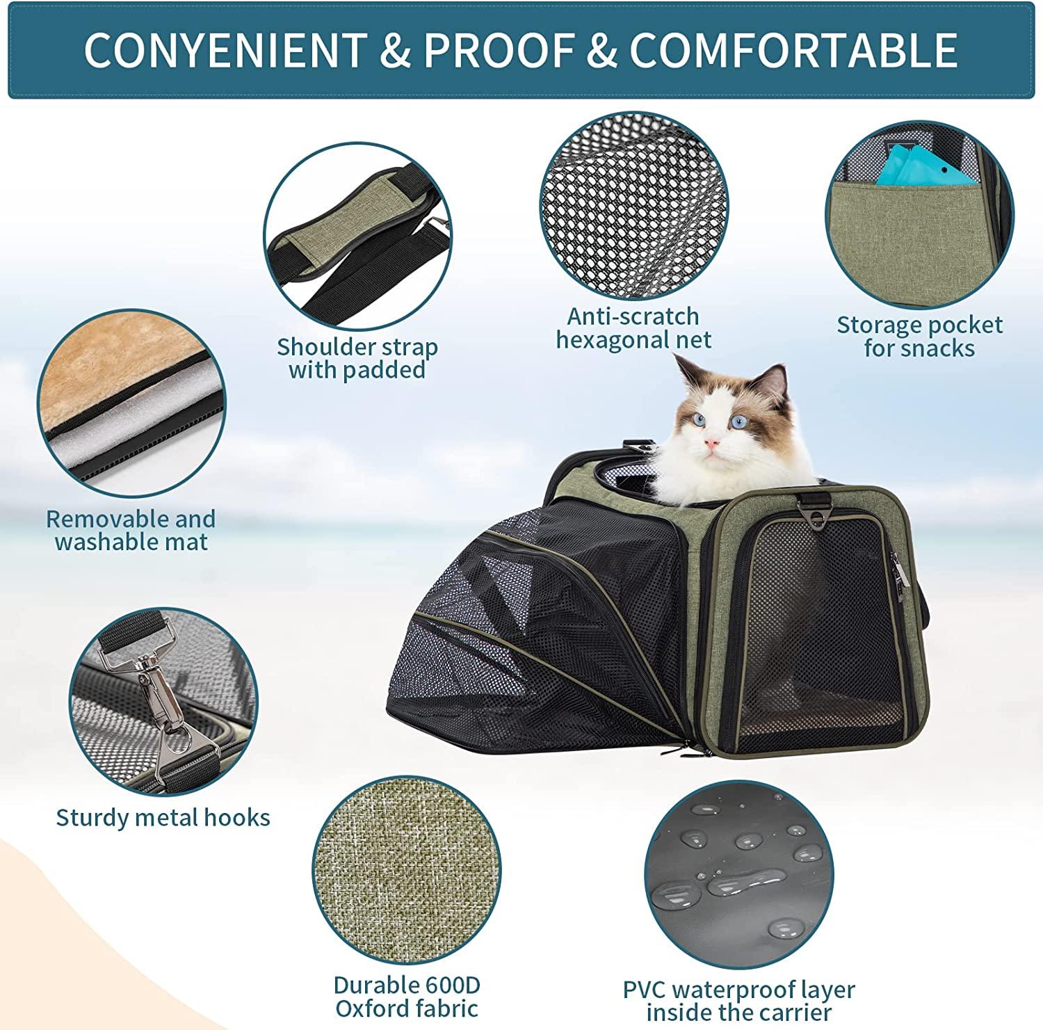 Petsfit Expandable Large Cat Carrier Small Dog Carriers Airline Approved,  17 Lx 11 Wx 11 H Soft-Sided Portable Washable Pet Travel Carrier with 2
