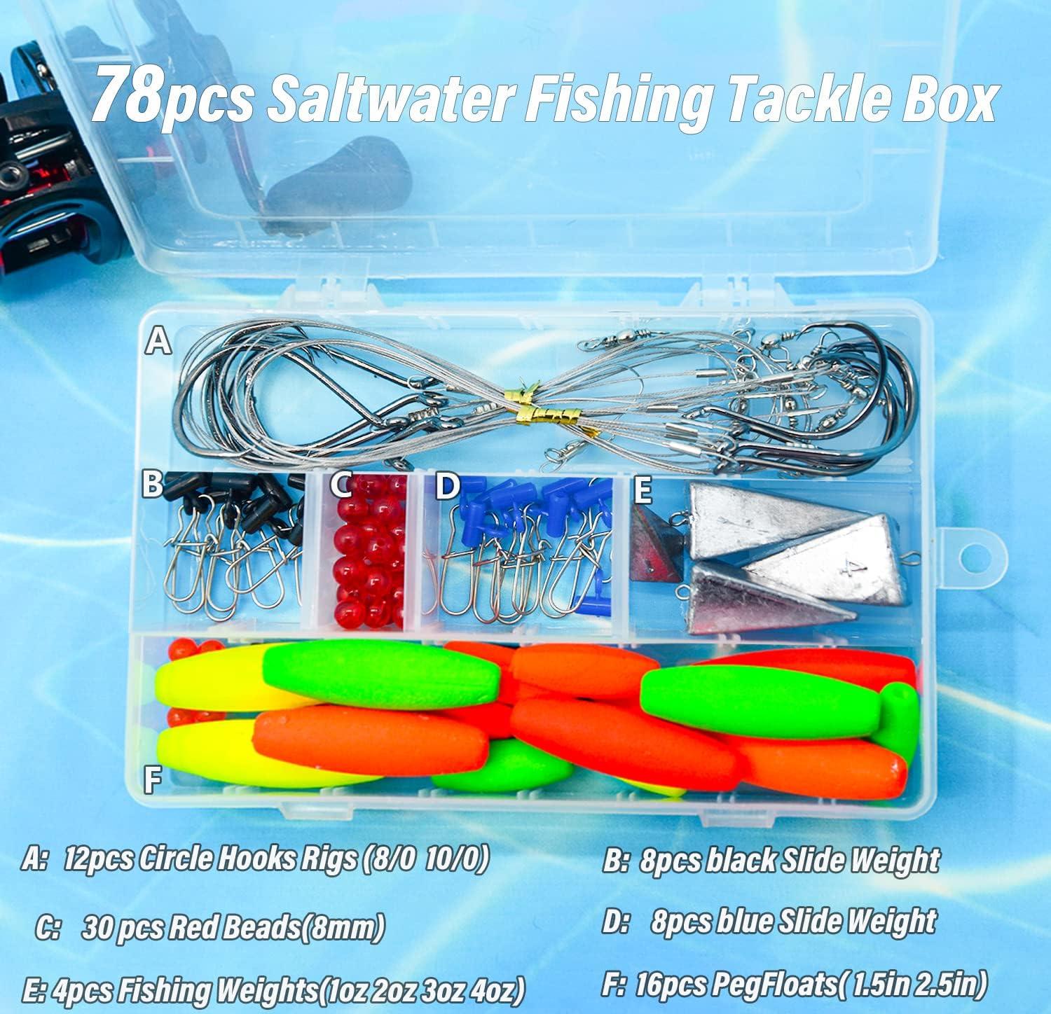 SEAOWL 78Pcs Saltwater Surf Fishing Kit Fish Pompano rig,Tackle Box  Included Fishing Hooks Rig Floats Pyramid Sinker Weights Sinker Slider  Beads for Salt Beach Gear Equipment