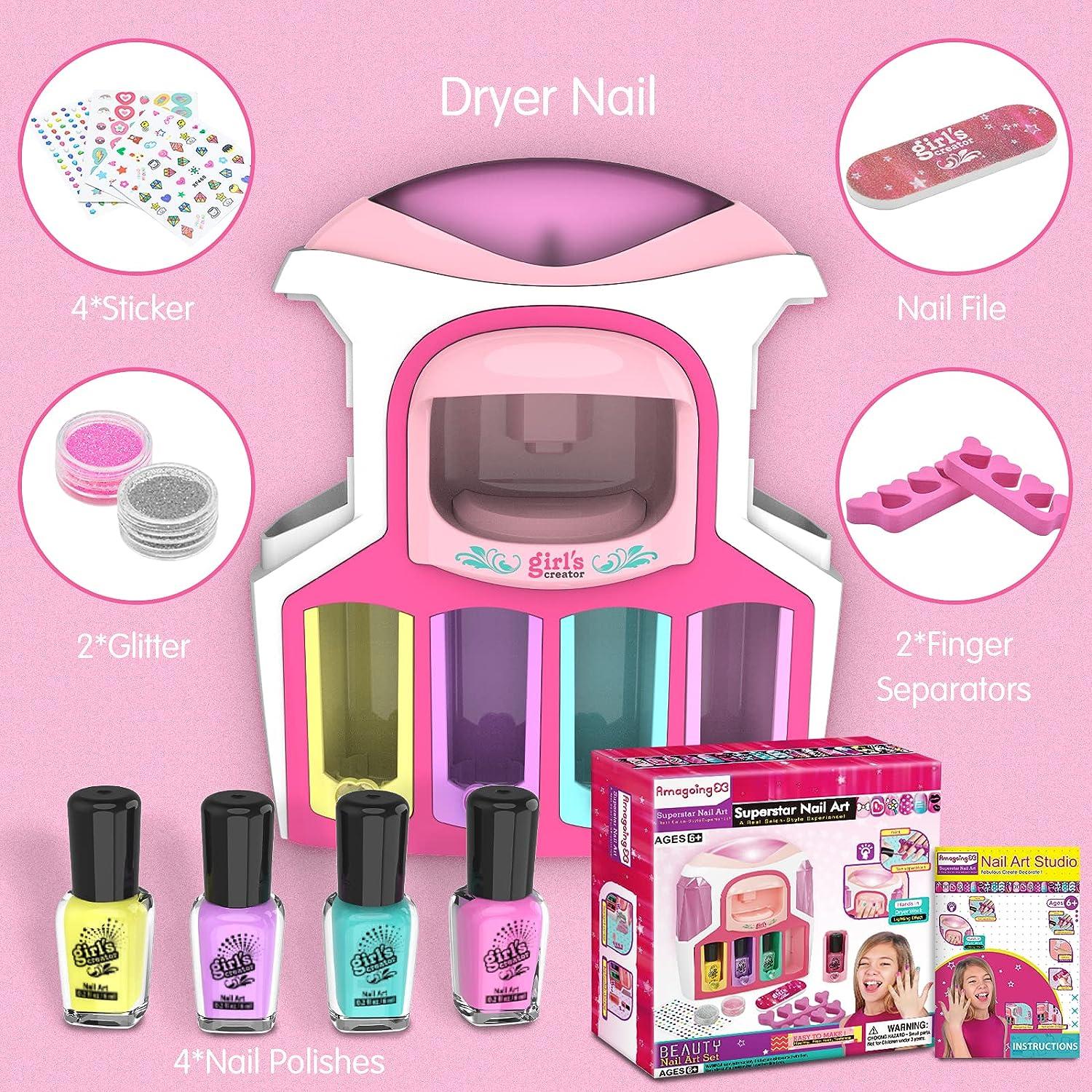 Nail Polish Kit For Girls 7-12 Years Old, Nail Art Toys For Girls Age 5 6 7  8 9 10 11 12, Nail Art Studio With Pink Nail Dryer For Girls, Ideal