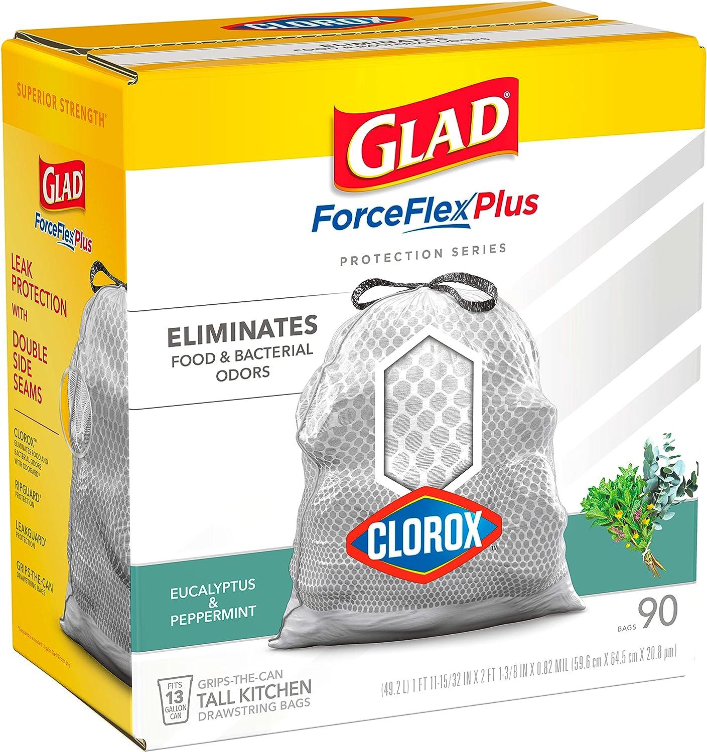 Glad with Clorox ForceFlexPlus 13 Gallon Kitchen Trash Bags, Eucalyptus  Peppermint, 40 Bags 