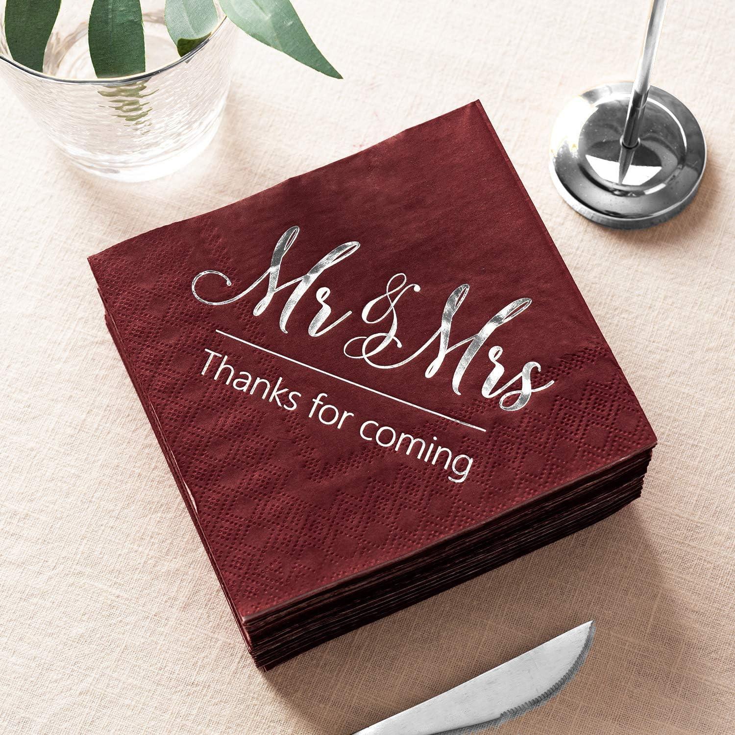 Crisky Wedding Napkins Mr Mrs Burgundy Silver Cocktail Beverage Dessert  Disposable Napkins for Wedding Shower Engagement Party Decorations, Wedding  Table Decor, 100 Pcs, 3-Ply BurgundySilver