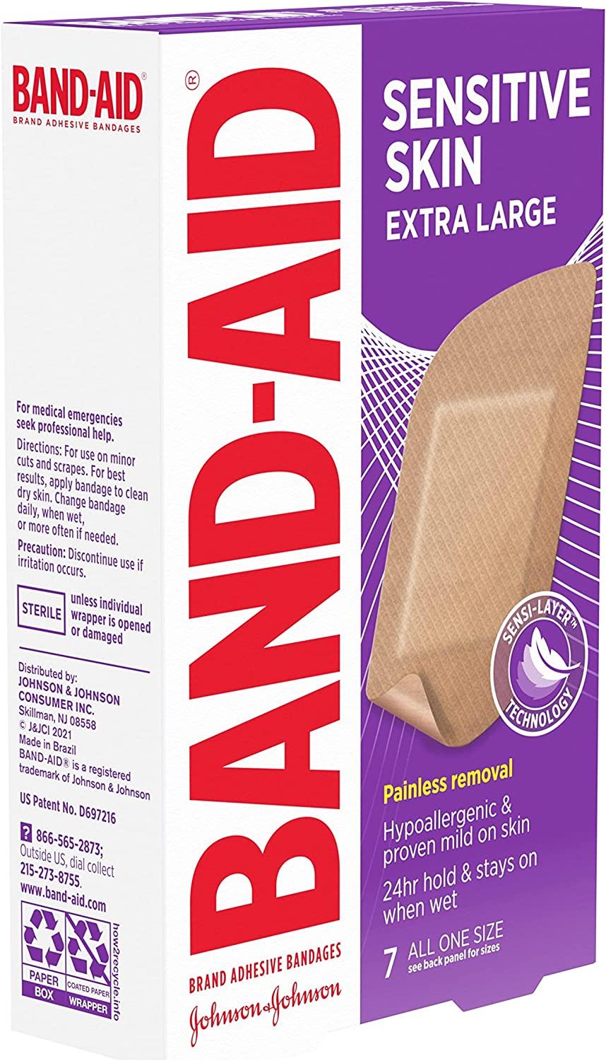 Band-Aid Brand Adhesive Bandages for Sensitive Skin, Hypoallergenic  Bandages with Painless Removal, Stays on When Wet and Suitable for Eczema  Prone Skin, Sterile, Extra Large Size, 7 ct