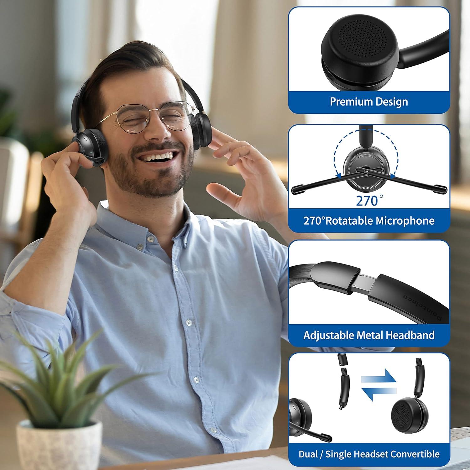 Pointcinco Bluetooth Headset with AI Noise Canceling Microphone