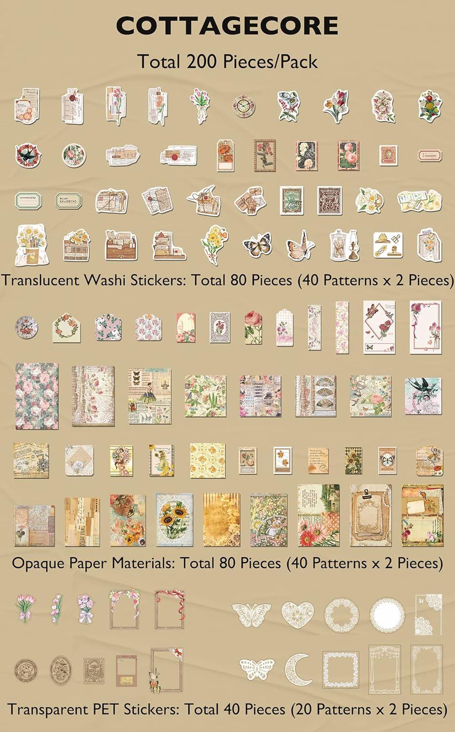  Knaid Vintage Scrapbook Supplies Pack (200 Pieces) for Junk  Journal Bullet Journals Planners Botanical Paper Stickers Craft Kits  Aesthetic Cottagecore Collage Album (Nature)