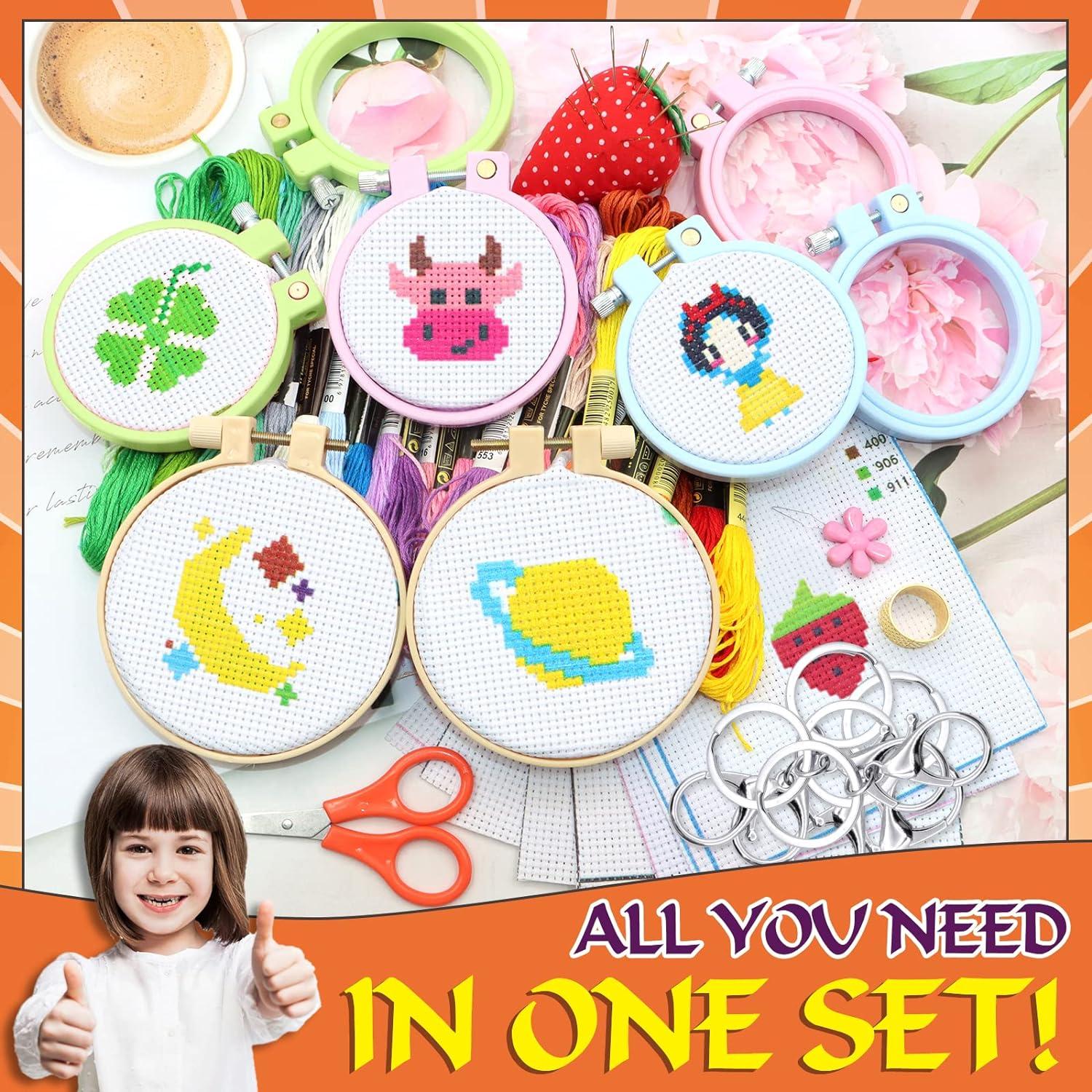 ZOCONE 12 PCS Cross Stitch Kits for Kids 7-13, Cross Stitch Beginner Kits  with Instructions, Keychains, Embroidery Hoops and Tools, Needlepointing