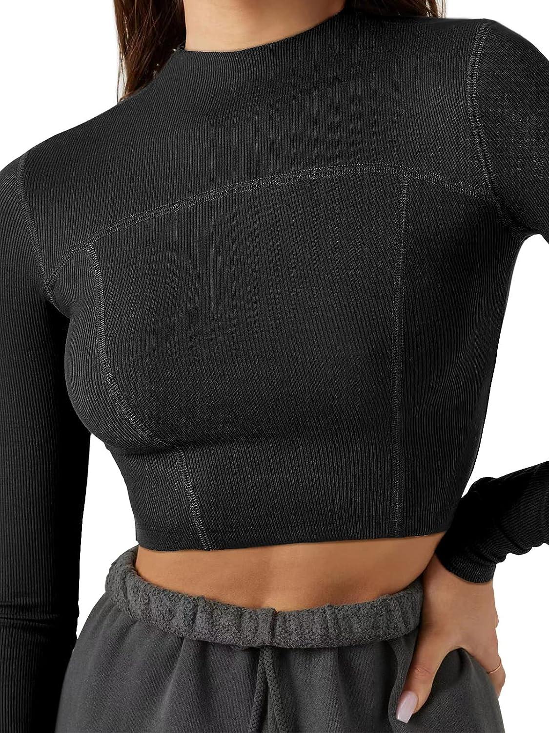 LASLULU Womens Seamless Workout Top Long Sleeve Ribbed Yoga Running Shirt  Cropped Athletic Shirts Slim Fit Crop Tops Black Small