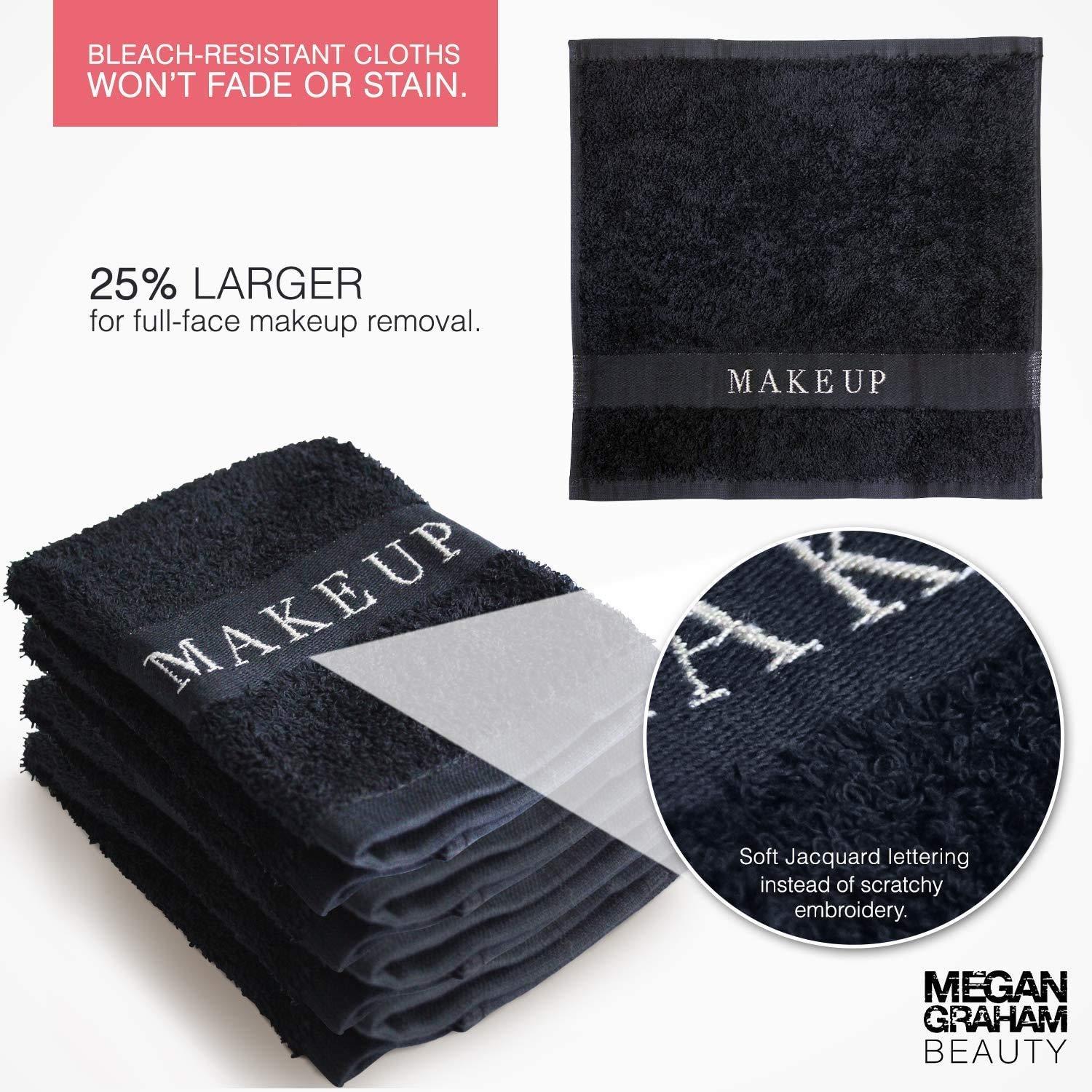  The Little Black Towel Makeup Remover Cloth - Luxury Washcloths  for Gentle Face Wash, Removing Eye Liner, Mascara, plus Foundation Eraser.  Bleach Resistant, Soft Jacquard Lettering, Pack of 4 : Beauty