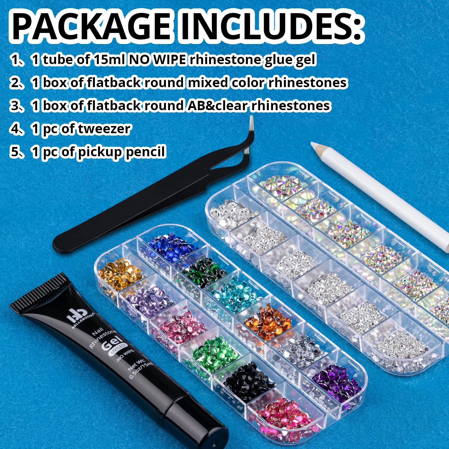 Rhinestones for Nails, Manicure Kit with Nail Rhinestone Glue Gel, 2-5mm  Flatback Glass Crystal AB + Clear Gemstones and Colorful Resin Beads, Gem  Glue for Nails (UV/LED Needed) with Dotting Tools 
