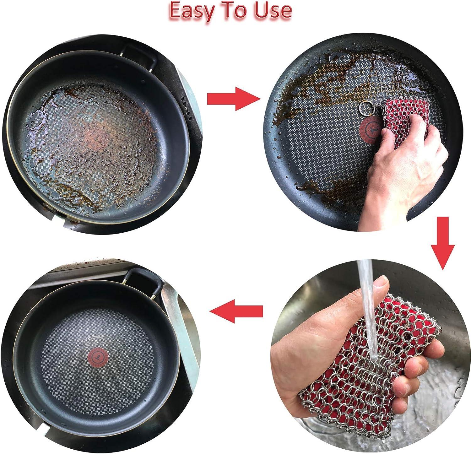  Cast Iron Skillet Cleaner, 316 Stainless Steel Chainmail  Cleaning Scrubber with Silicone Insert for Cleaning Castiron  Pan,Griddle,Baking Pan : Health & Household