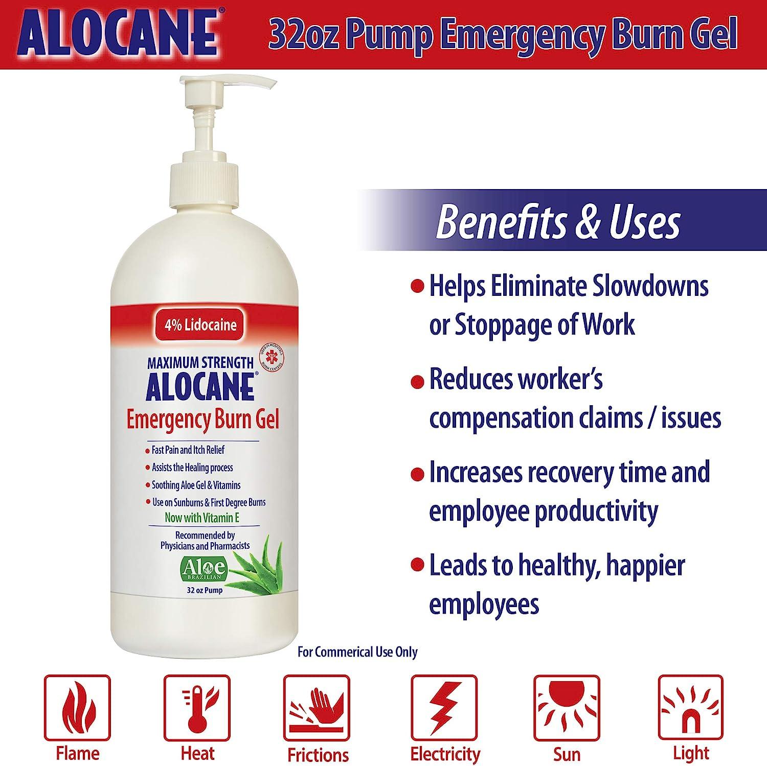 ALOCANE Emergency Burn Gel, 4% Lidocaine Max Strength Fast Pain Itch Relief  for Minor Burns, Sunburn, Kitchen, Radiation, Chemical, First Degree Burn